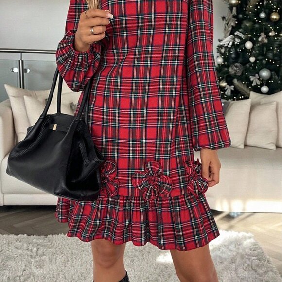 Red Elegant Women's Christmas Lantern Sleeve Mini Dress - Picture 5 of 6